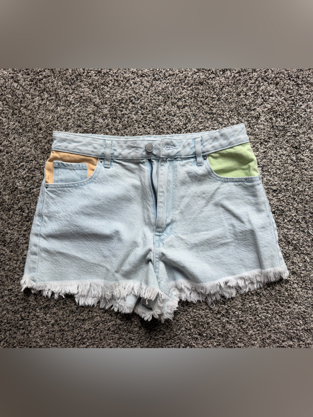 PacSun Light Blue Frayed Denim Shorts with Green & Tan Pocket Accents